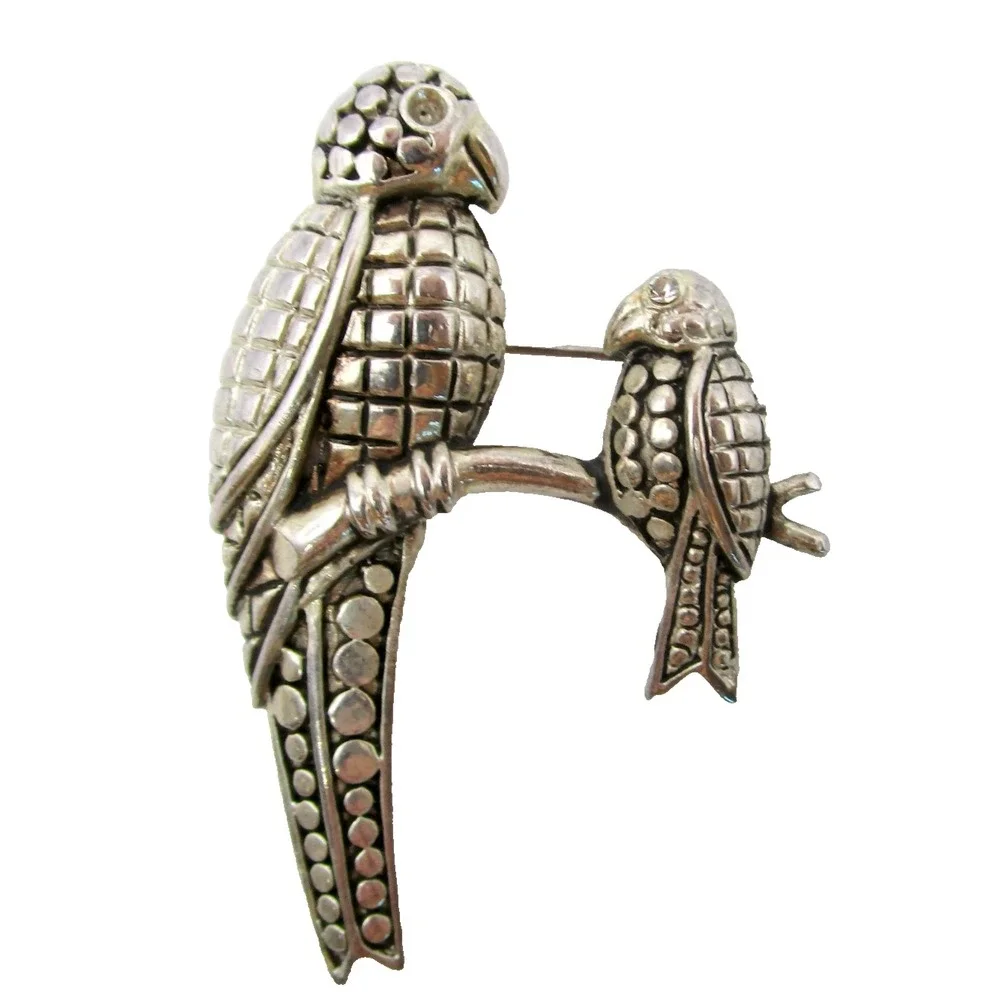 Parrot Brooch Silver Tone Mother Baby Bird Vintage Pin Tropical Exotic Jewelry